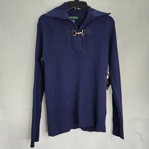 Lauren Ralph Lauren Sweater Women XL Navy  V Neck Gold Clip Closure New